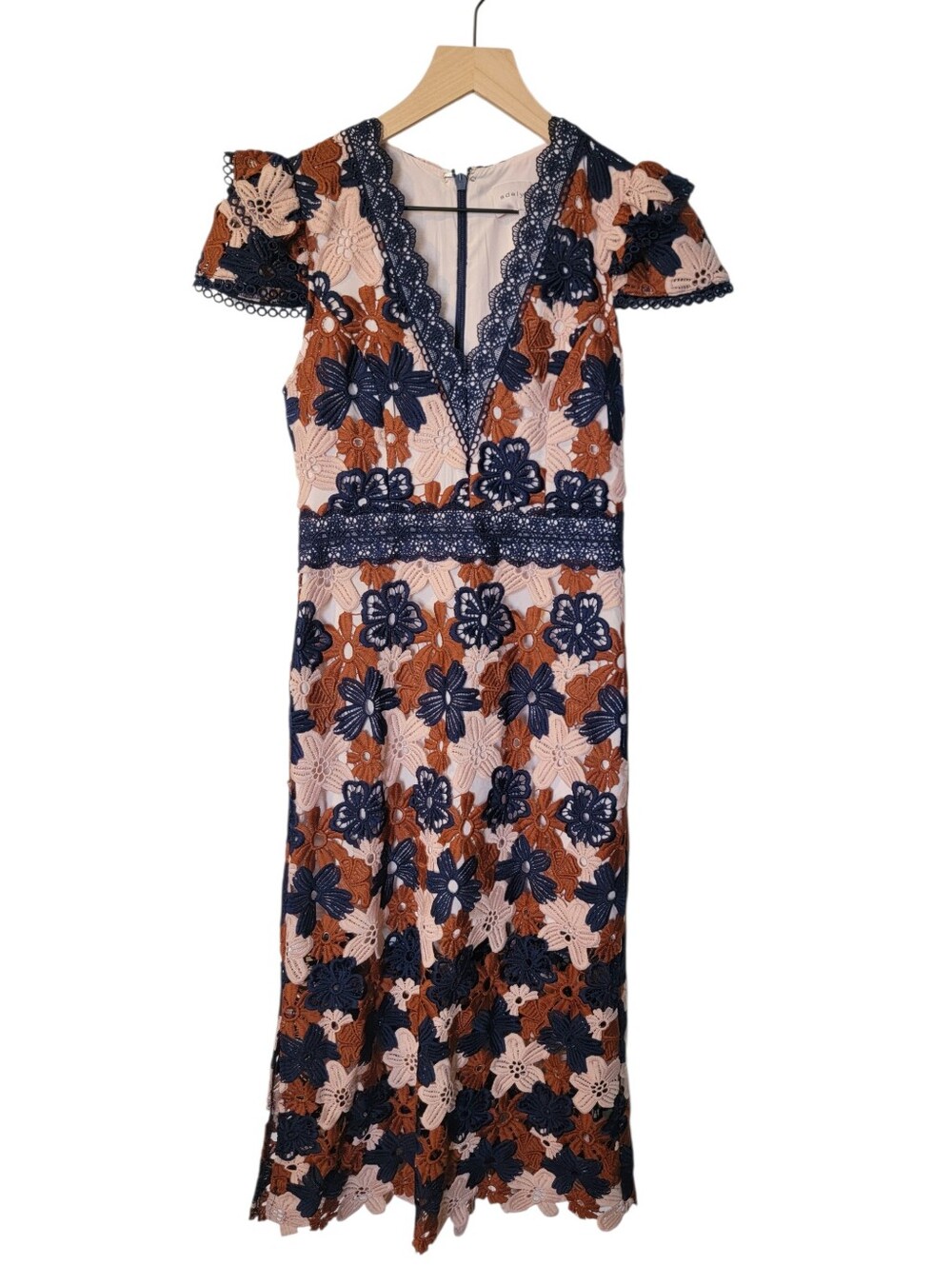 Adelyn Rae 3D Floral Lace Midi Dress Navy Blush Rust Size XS
